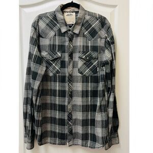 Vans Off the Wall Shirt Mens XL Grey Black Plaid Pearl Snap Up Long Sleeve